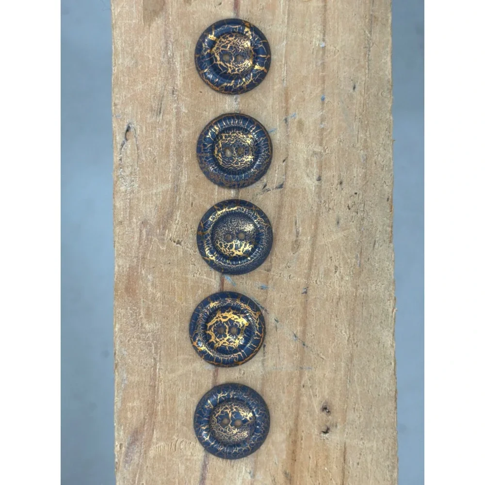 Vtg Navy Blue and Copper Tone Crackle Round Metal Buttons Set of 5 Two-Hole 18mm